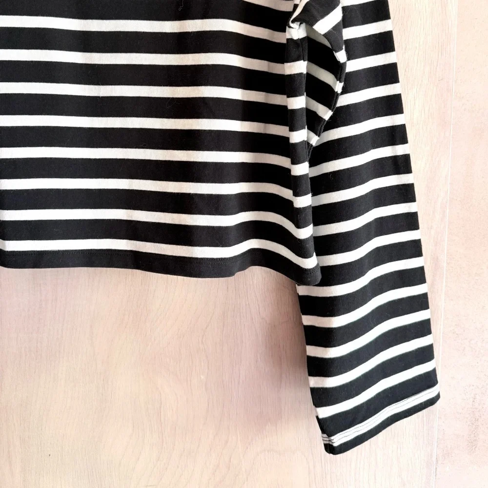 J.Crew Mariner Cotton Boatneck Tee Black White Stripe Cropped Women's M NWOT